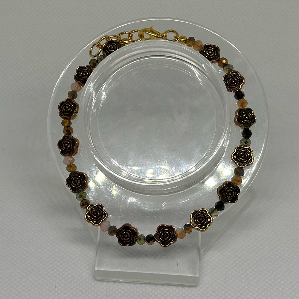 Handmade Gold Wire Bracelet with Rose and Gemstone Beads